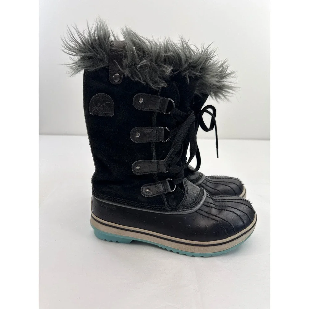 Sorel Joan of Arctic Boots Kids Size 3 Black Waterproof Faux Fur Winter Snow